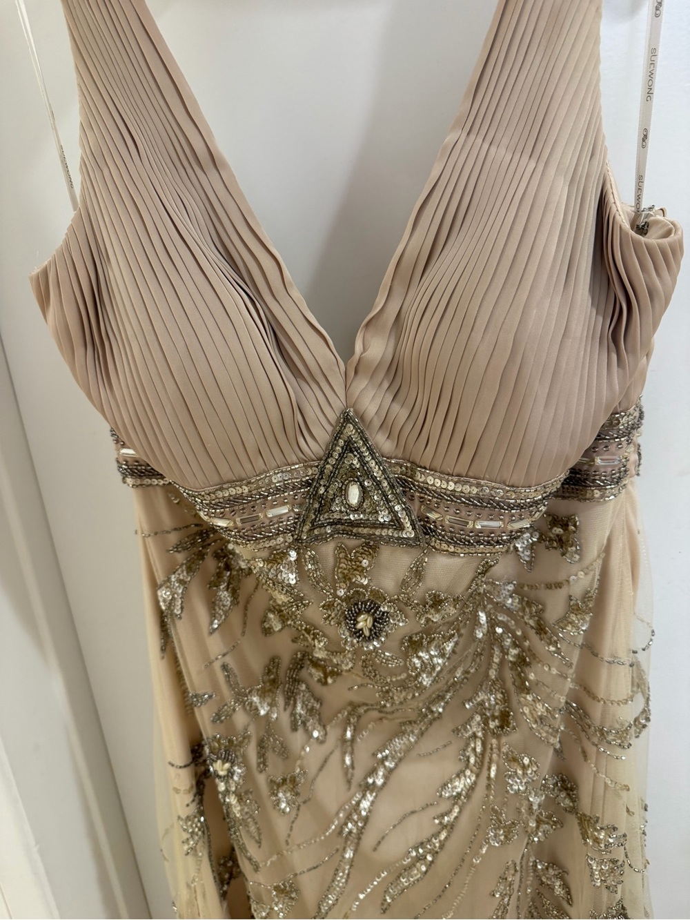 Sue Wong Champagne Beaded V-Neck Maxi Dress - Picture 4 of 5